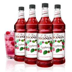 Monin Raspberry Syrup bottle front with vibrant raspberry flavor for cocktails and lemonades.