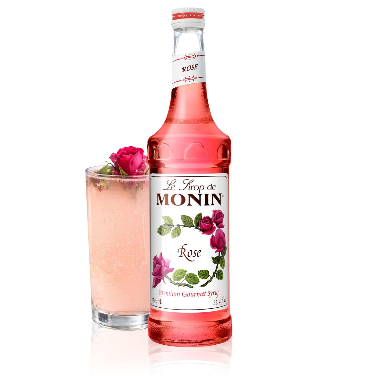 Monin Rose Syrup bottle shown for versatile cocktails and desserts.
