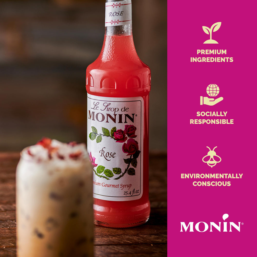 Monin Rose Syrup splash over a soda for a refreshing spring drink.