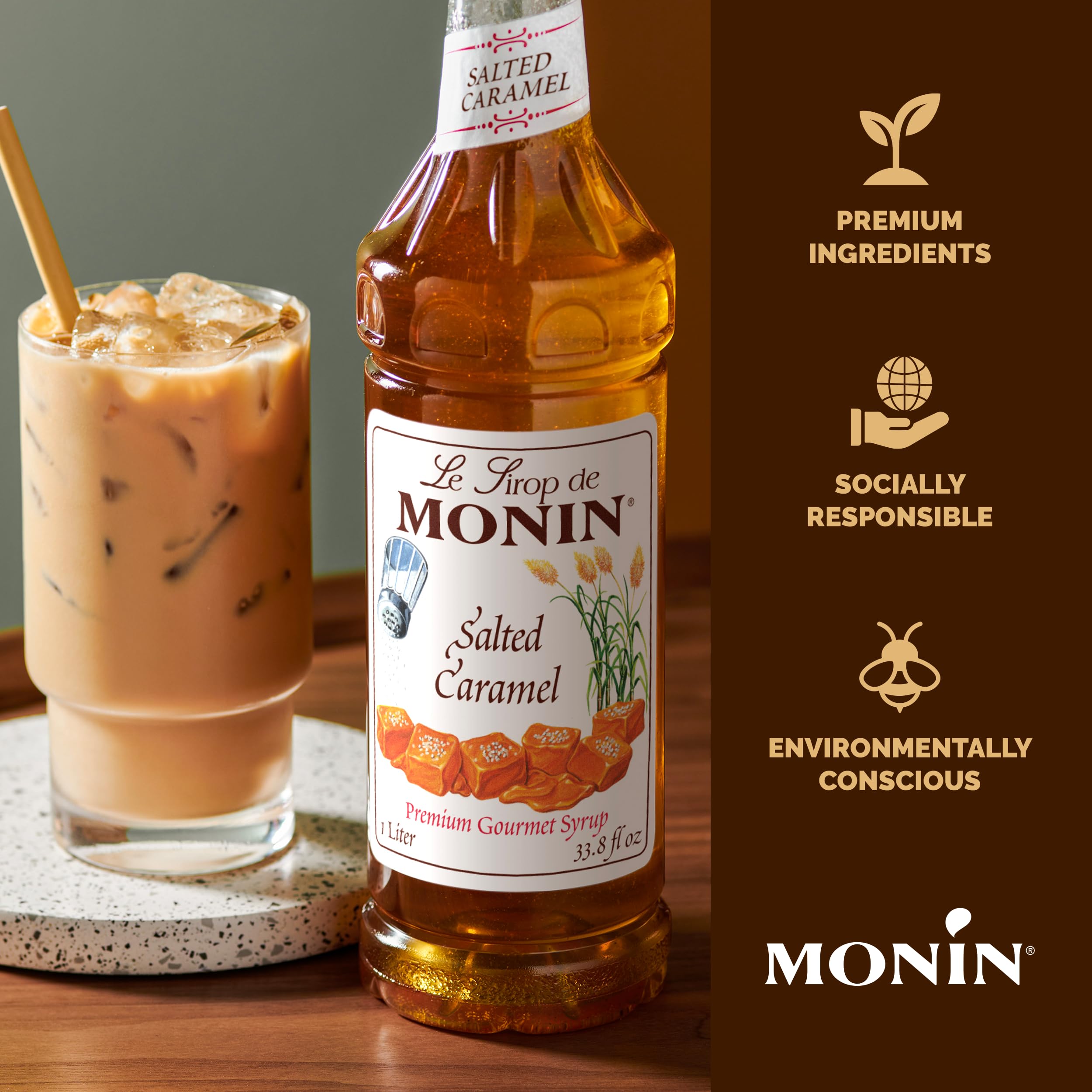 Monin Salted Caramel Syrup in coffee demonstrates versatile flavor for drinks.