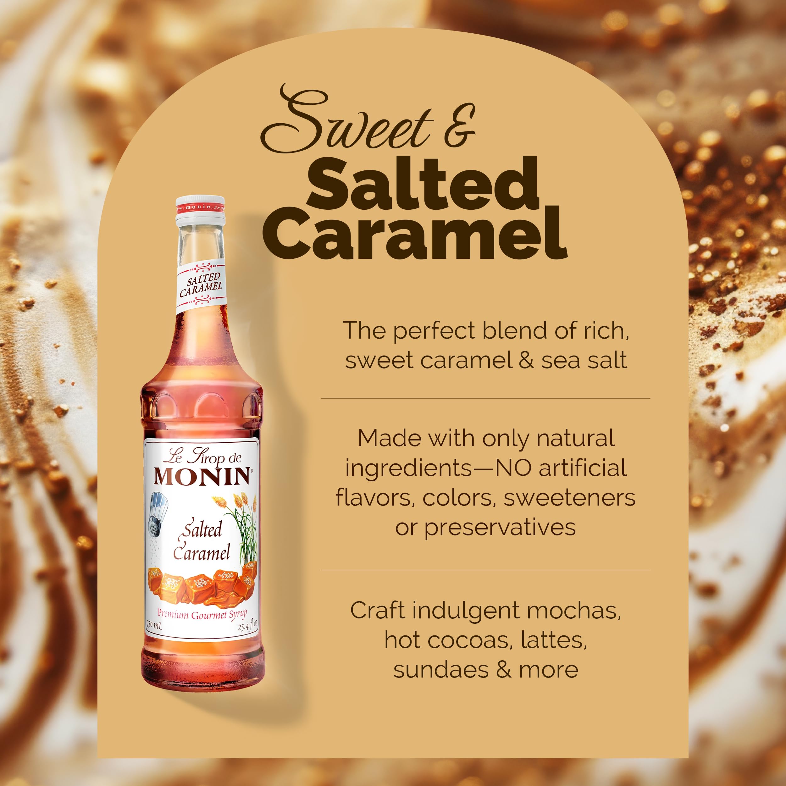 Monin Salted Caramel Syrup label closeup highlights non-GMO ingredients and no artificial colors.
