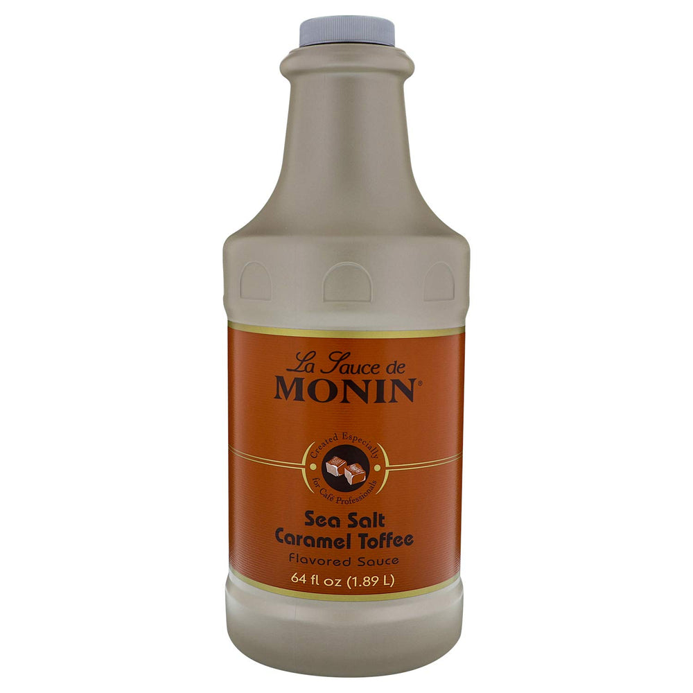 Monin Sea Salt Caramel Toffee bottle; rich, creamy caramel flavor for coffee and desserts.