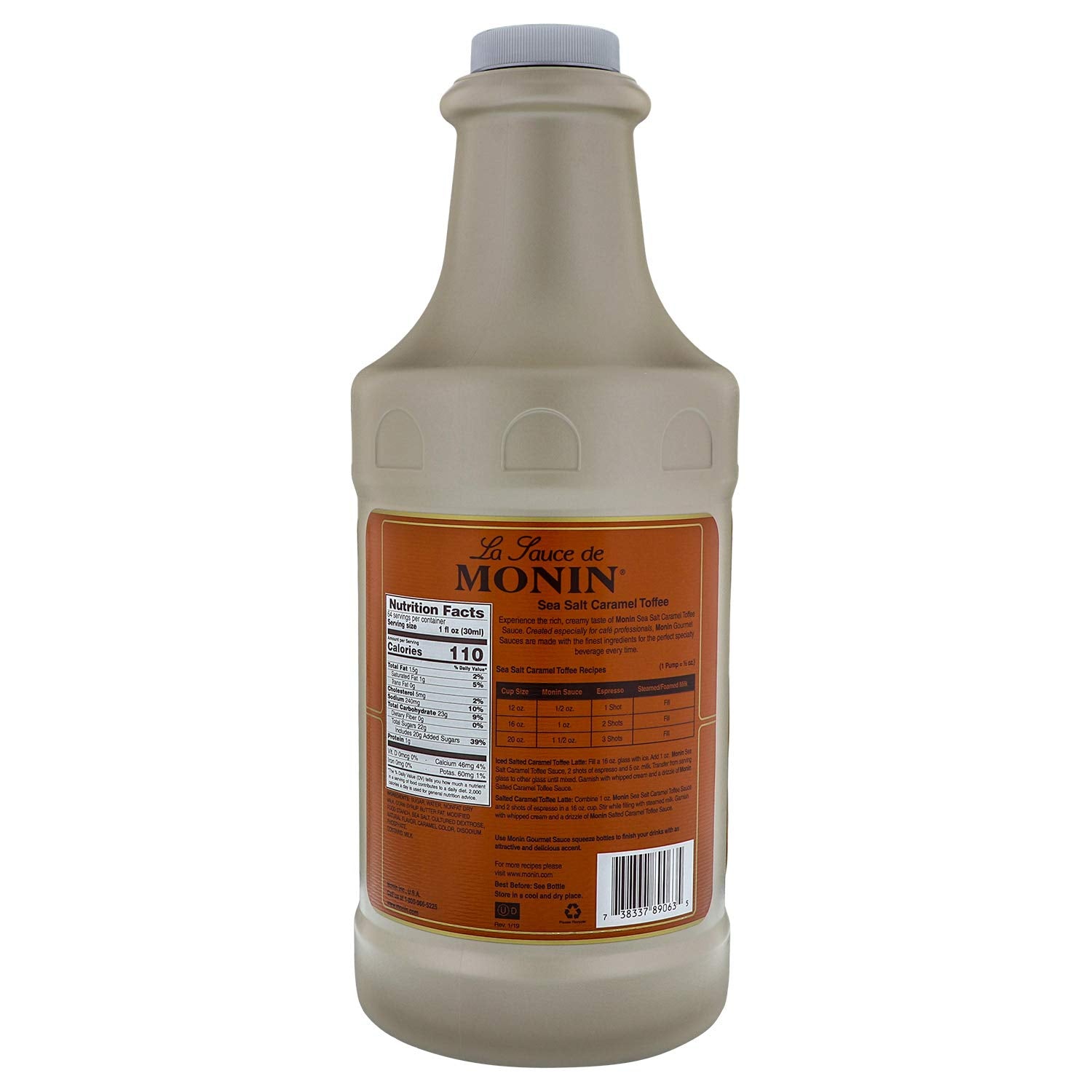 Monin Sea Salt Caramel Toffee pour; enhances beverages with creamy caramel notes.