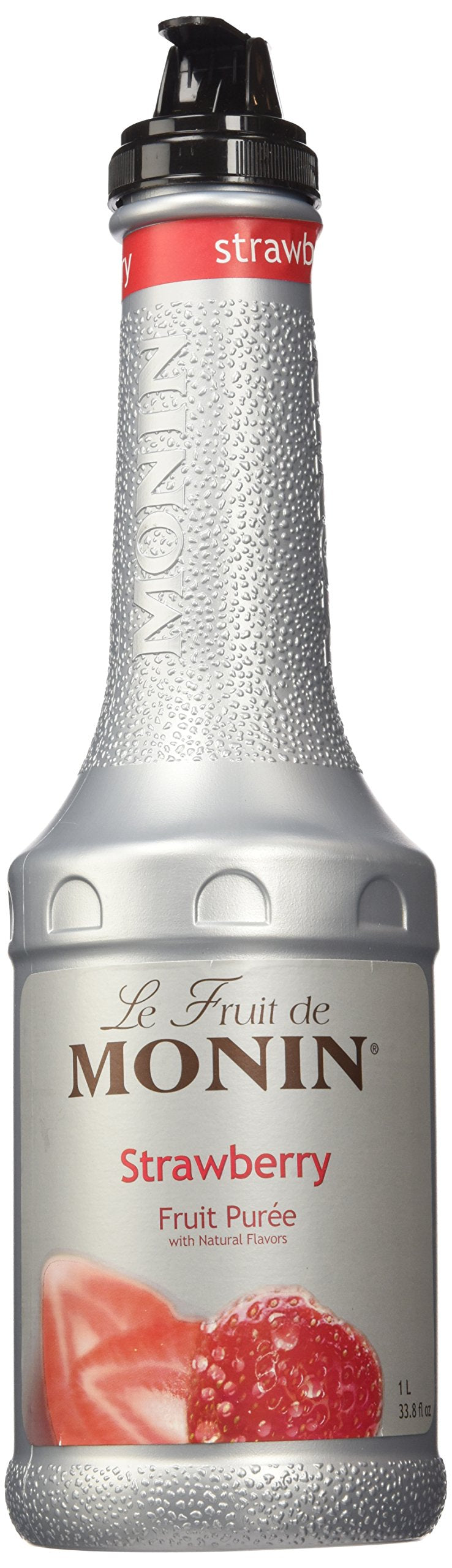 Monin Strawberry Puree bottle front highlighting rich flavor for drinks