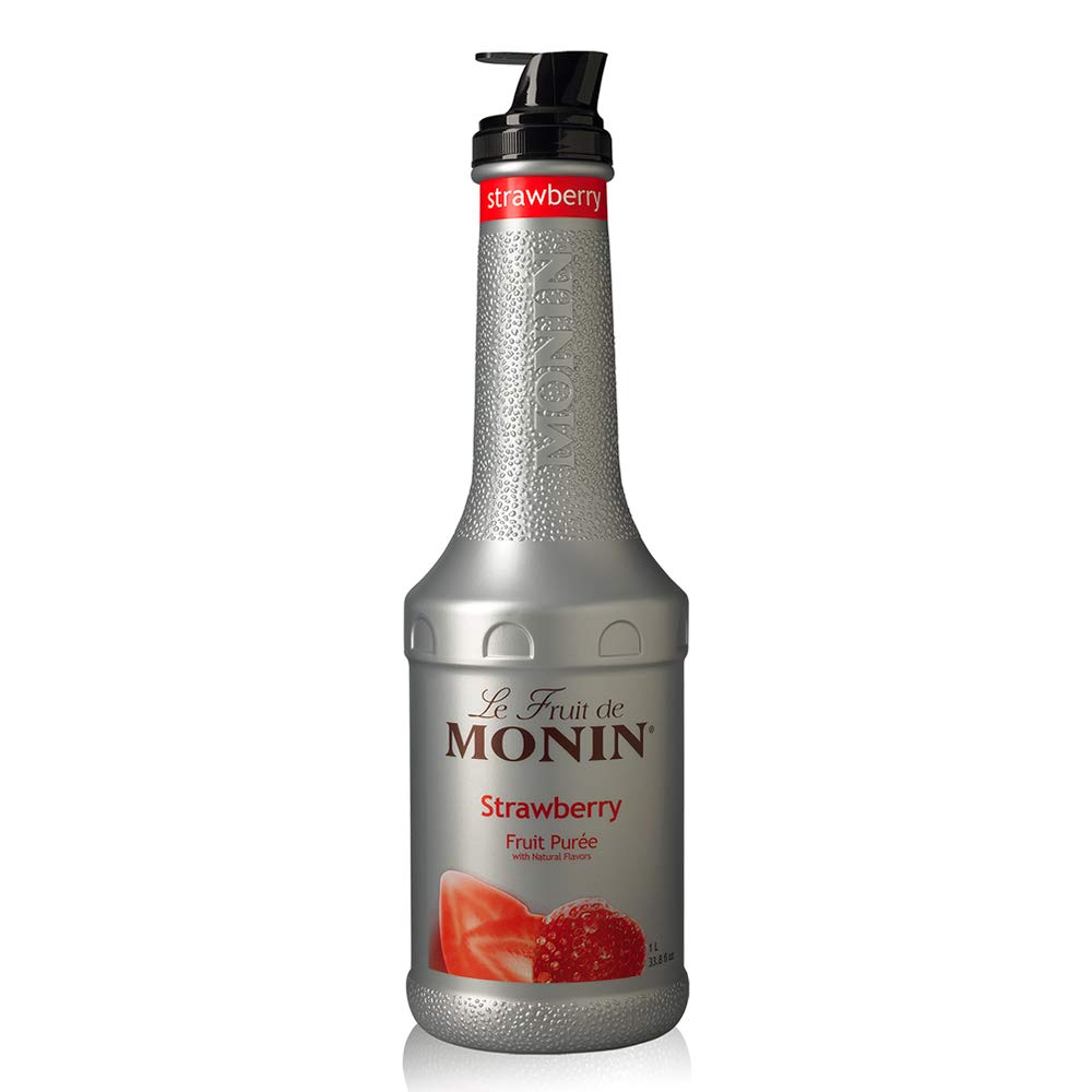 Monin Strawberry Purée bottle highlighting real fruit flavor for cocktails and sodas.