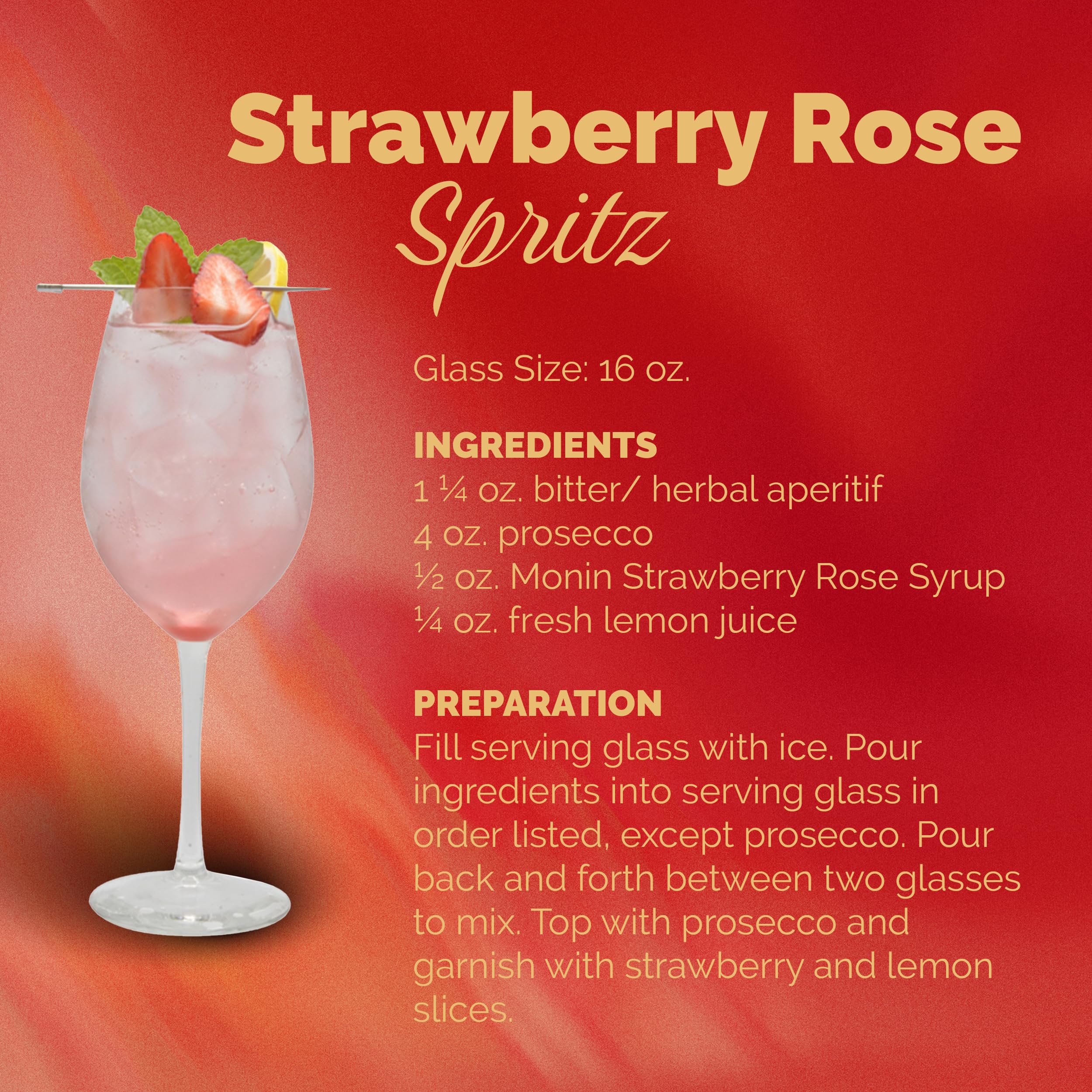 Monin Strawberry Rose Syrup cocktail pour, enhancing rose and strawberry notes.