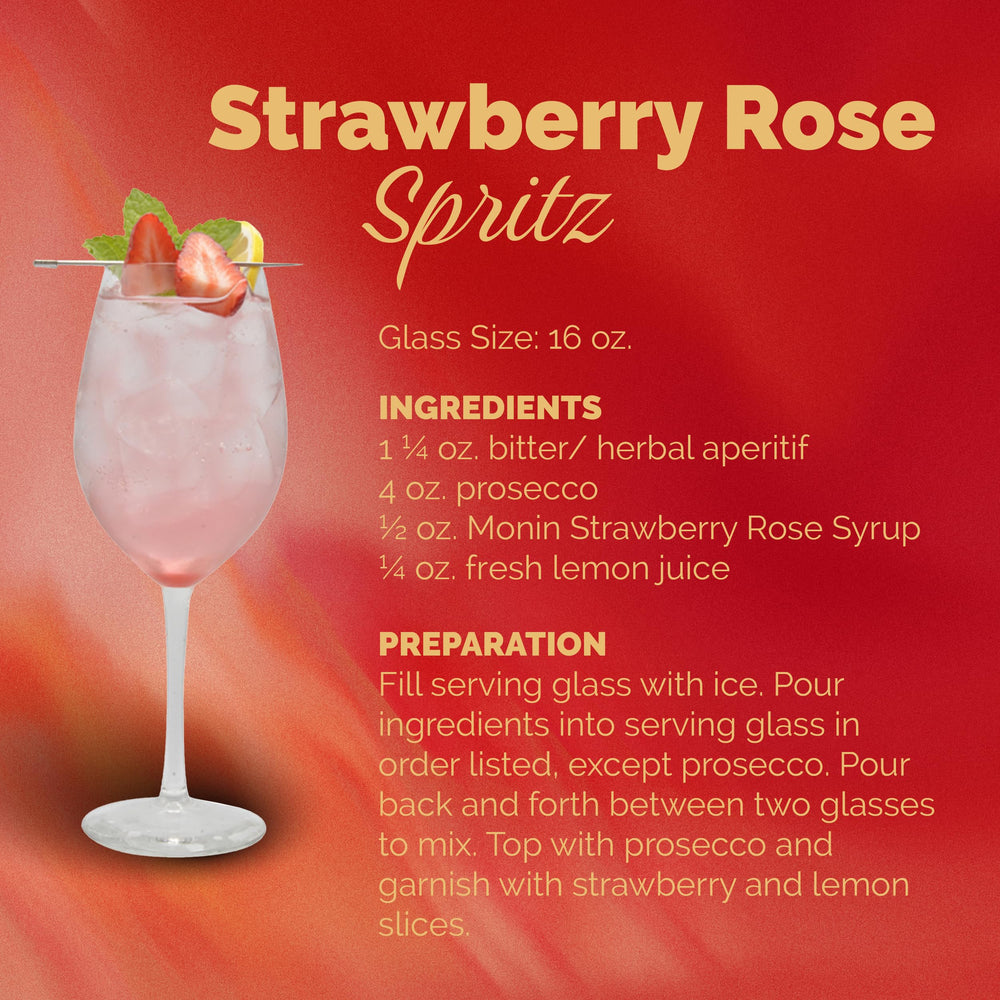 Monin Strawberry Rose Syrup cocktail pour, enhancing rose and strawberry notes.