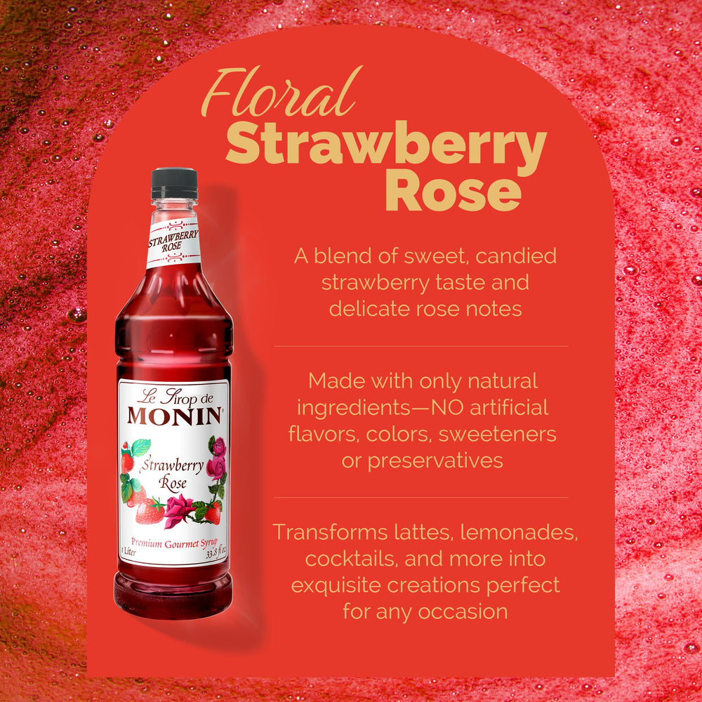 Monin Strawberry Rose Syrup latte shot, boosting aroma and balance.