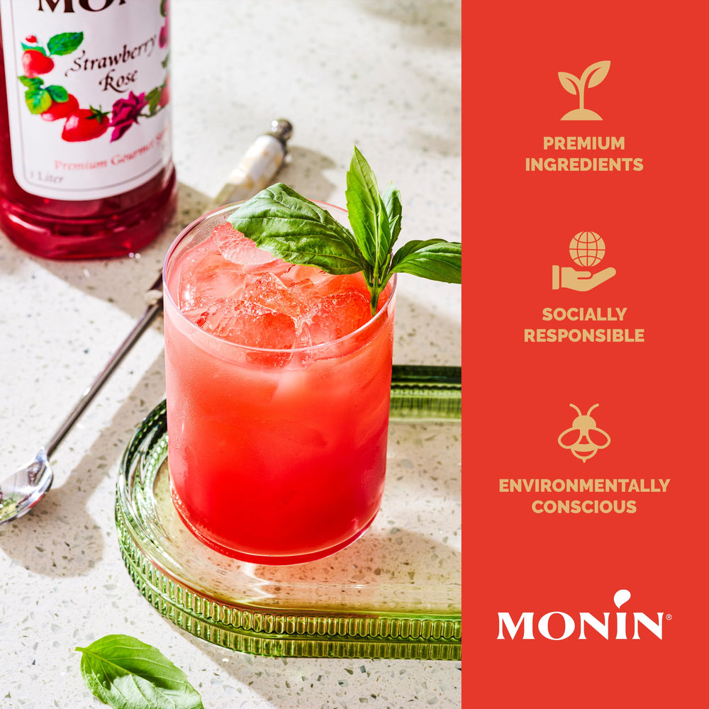 Monin Strawberry Rose Syrup lemonade pour, brightening summer drinks.