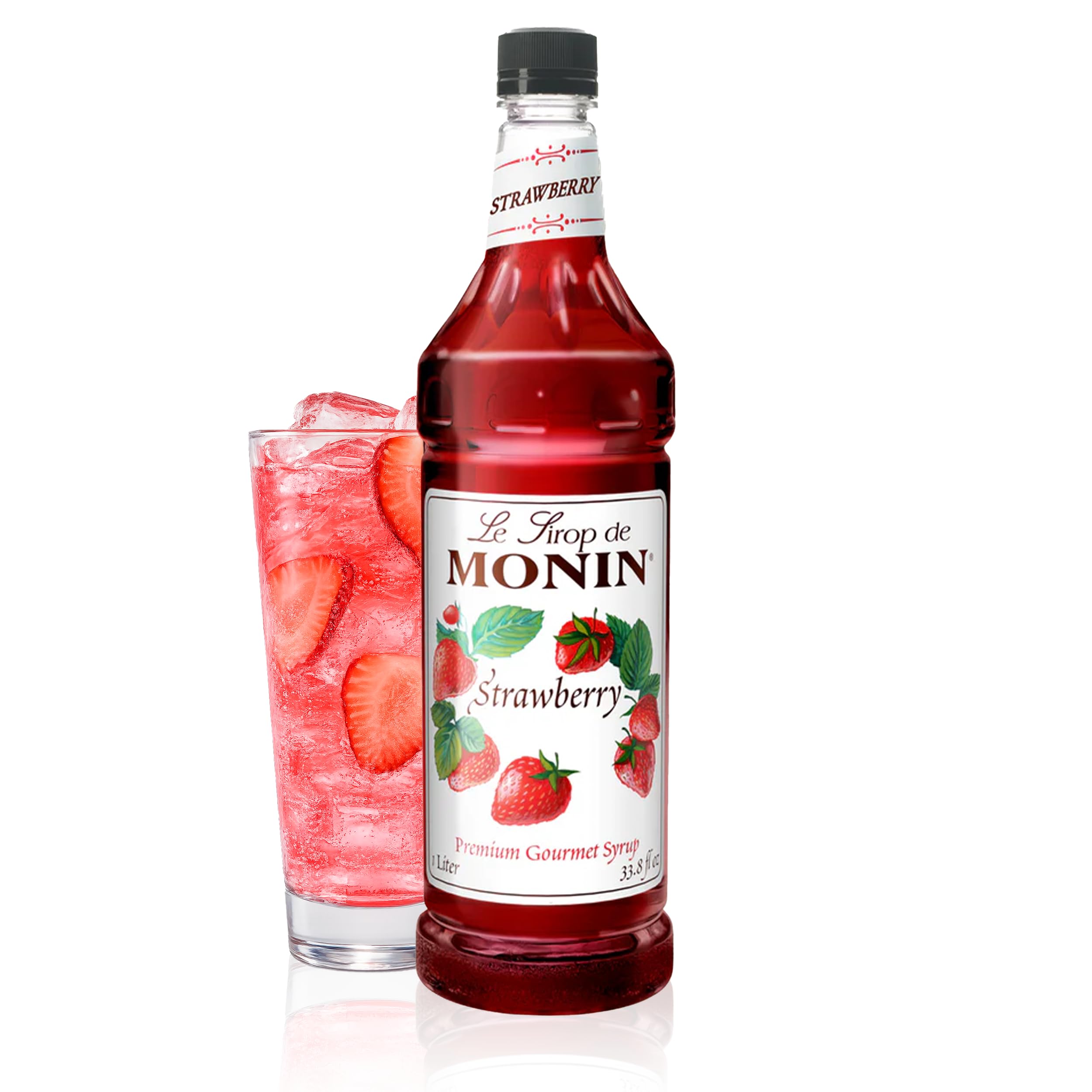 Monin Strawberry Syrup bottle with bright color, ideal for cocktails.