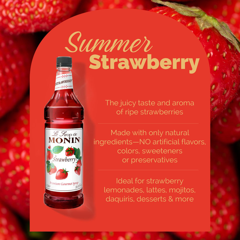 Monin Strawberry Syrup glass close-up highlights mild sweetness and aroma.