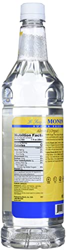 Monin Sugar Free Almond Syrup bottle in eco-friendly packaging imagery.