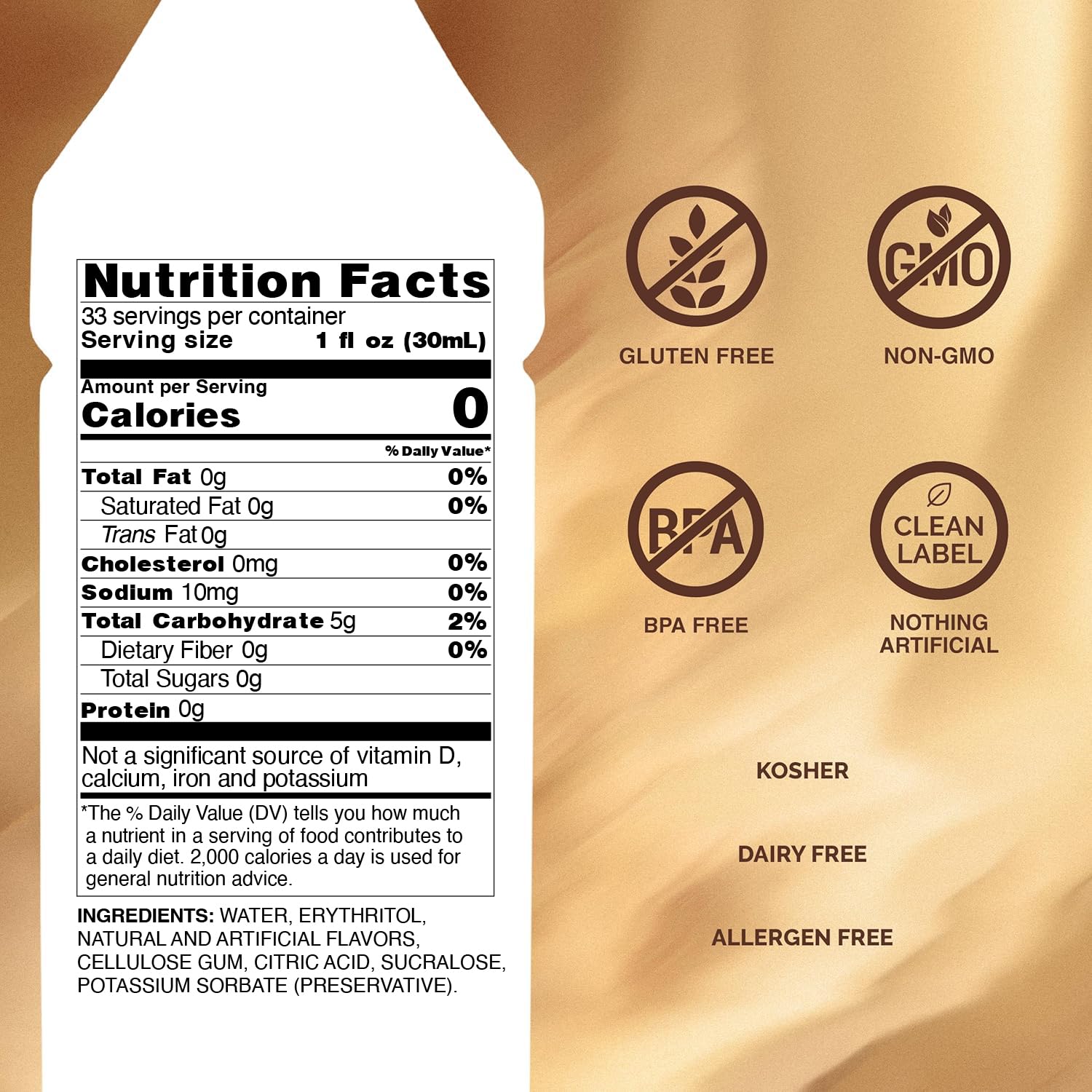 Monin Sugar Free Caramel syrup bottle close-up showing rich caramel notes