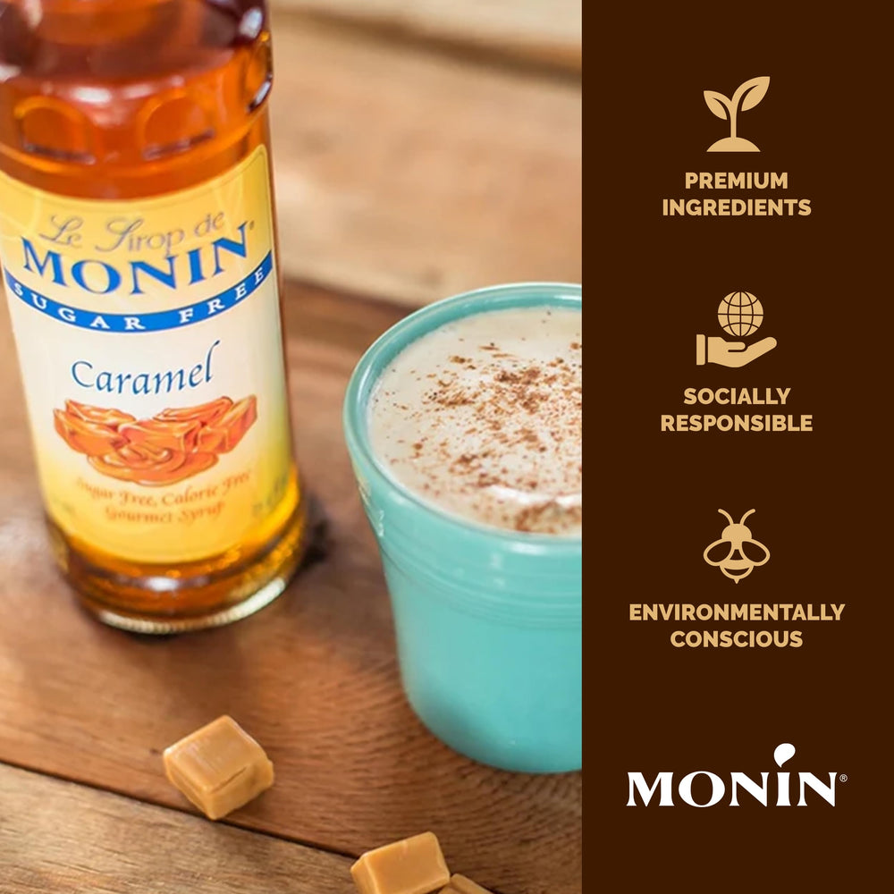 Monin Sugar Free Caramel syrup bottle in a cafe latte art setup