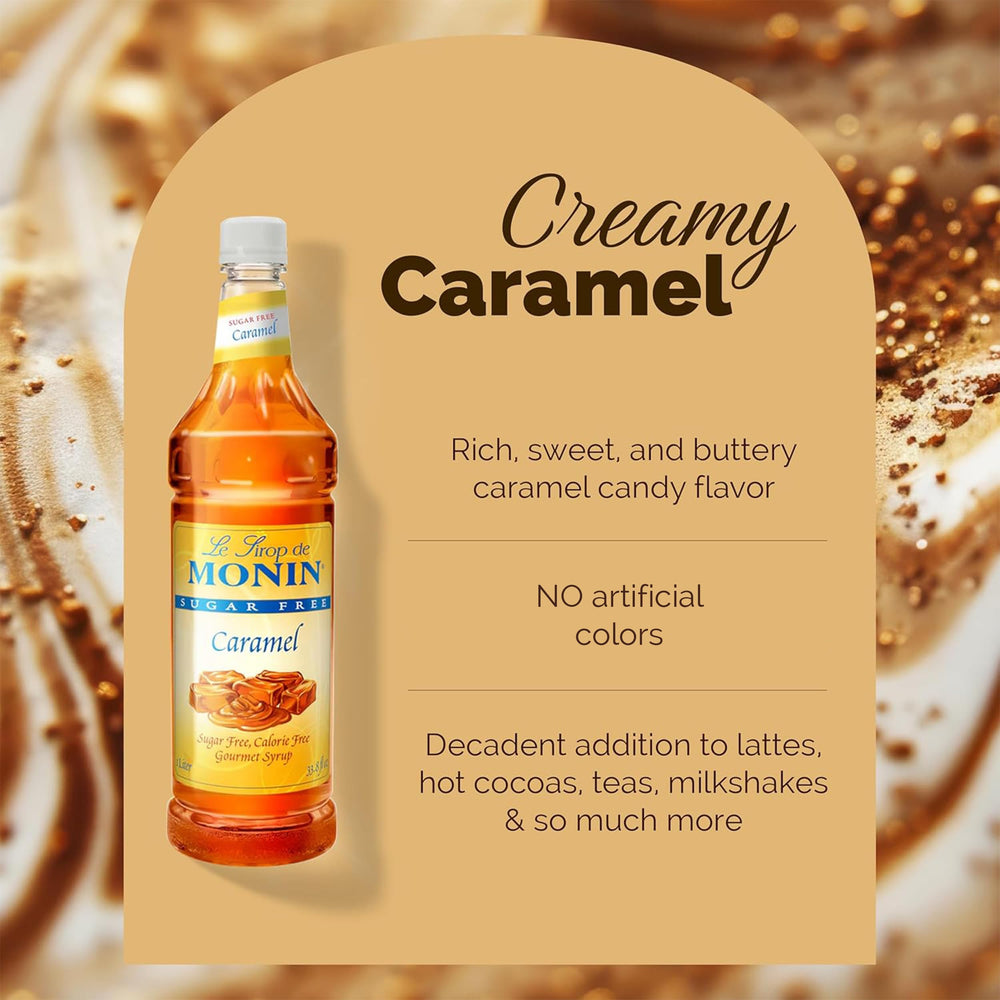 Monin Sugar Free Caramel syrup bottle used as dessert topping