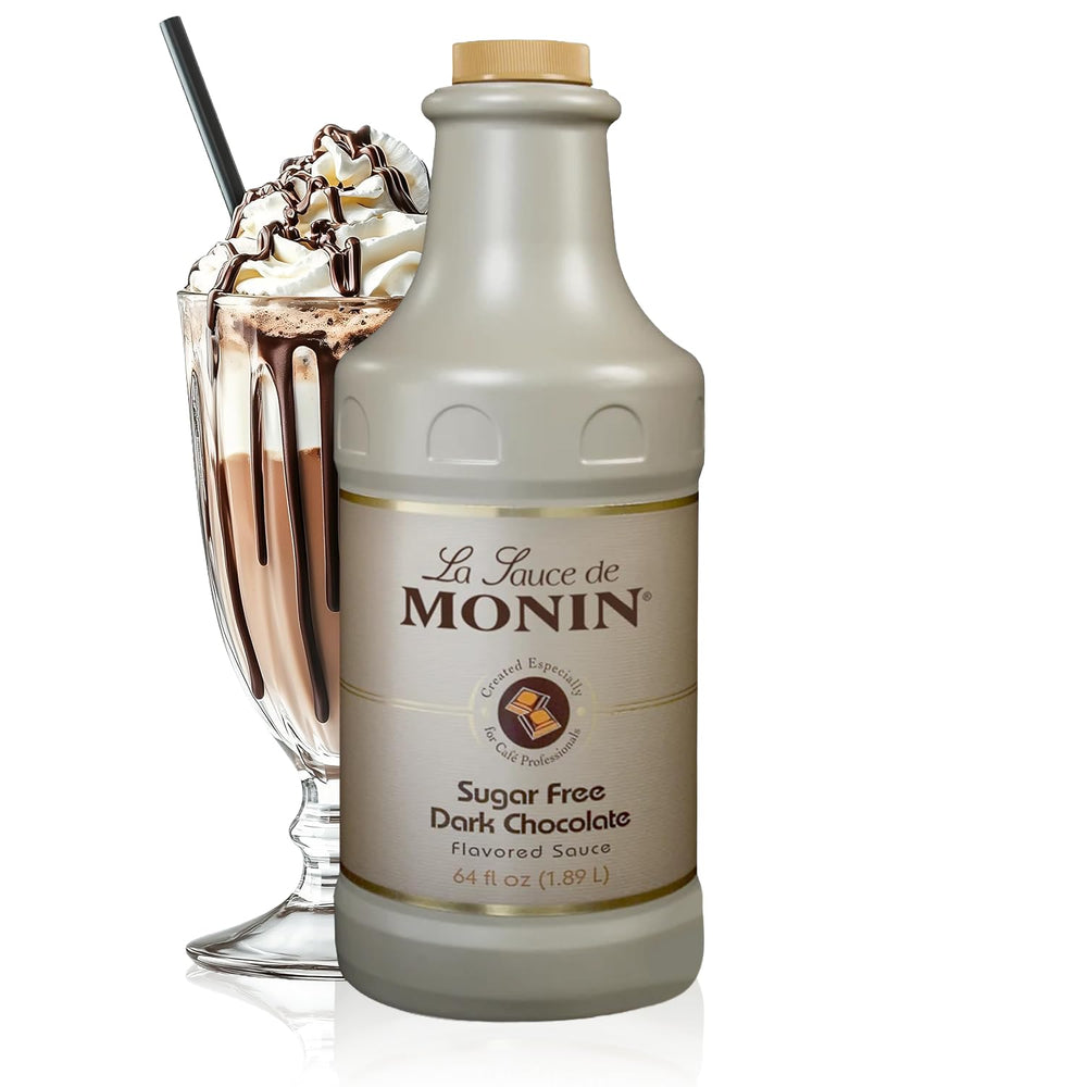 Monin Sugar Free Dark Chocolate Sauce bottle for velvety desserts and drinks