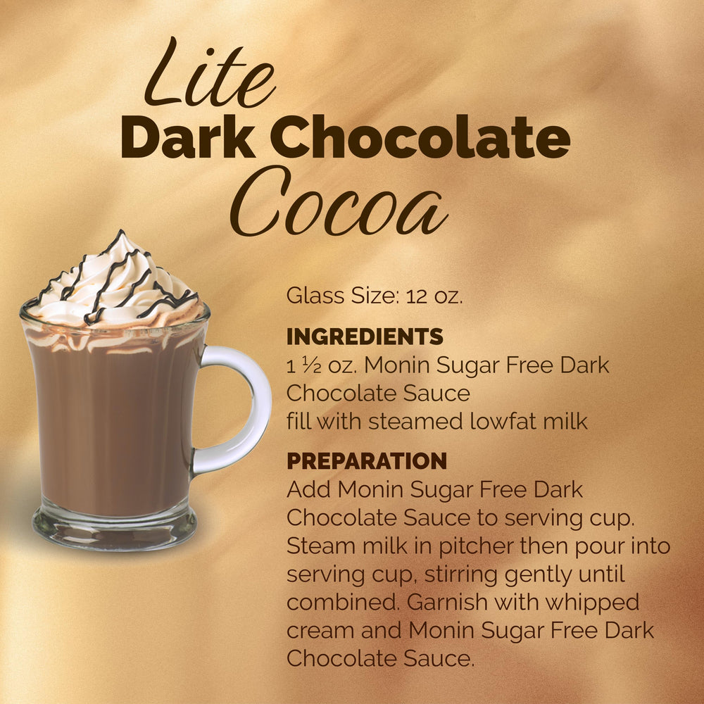 Monin Sugar Free Dark Chocolate Sauce topping a coffee for indulgent flavor