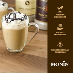 A plate featuring Monin Sugar Free Dark Chocolate Sauce enhances dessert presentation