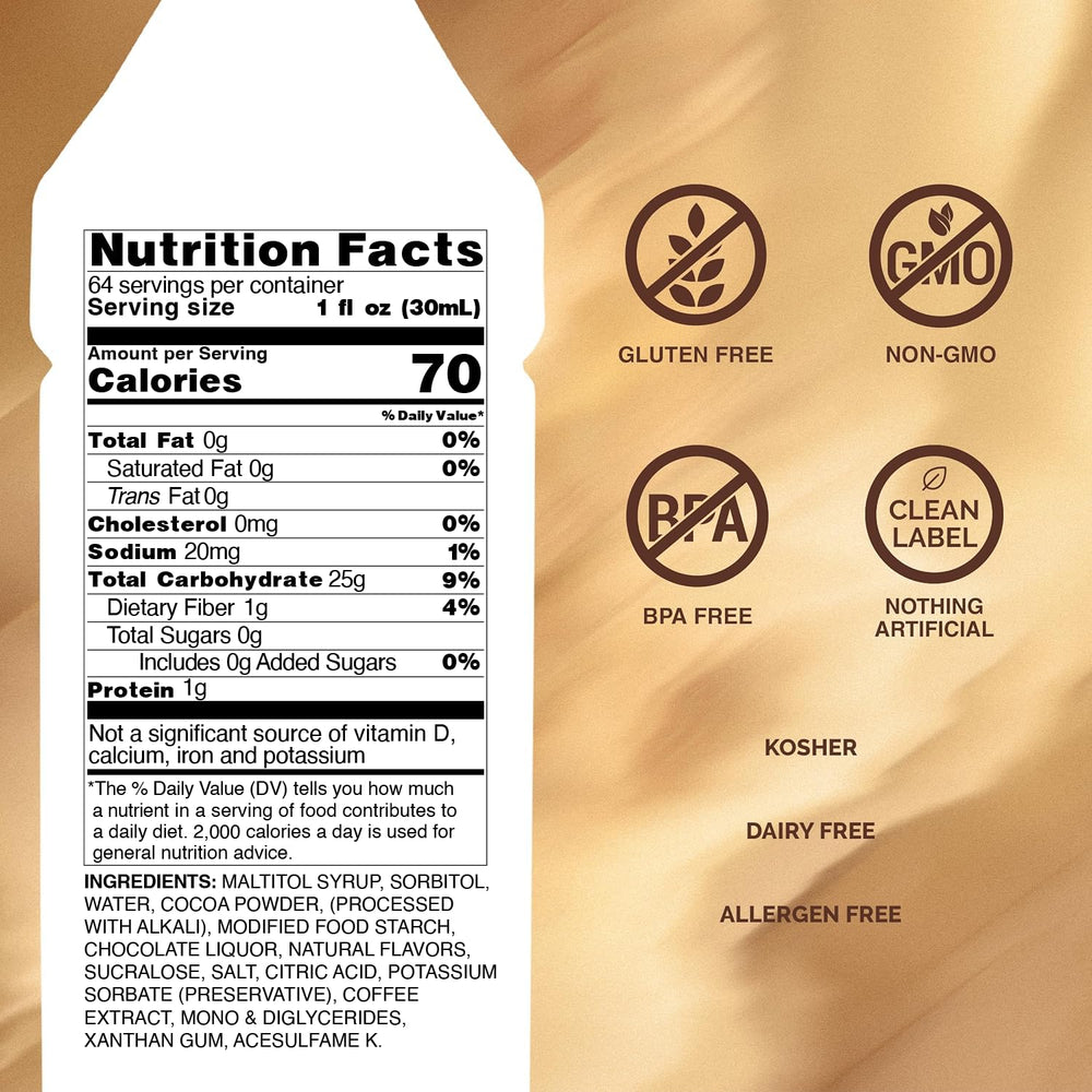 Pouring Monin Sugar Free Dark Chocolate Sauce creates glossy topping for beverages