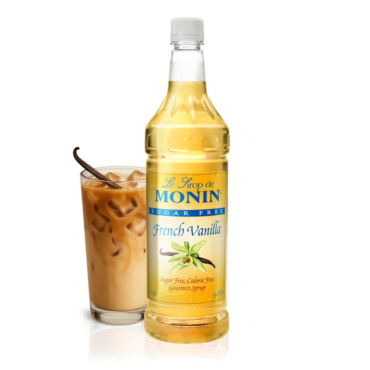 Monin sugar-free French vanilla syrup bottle on a café counter for sugar-free sweetness.
