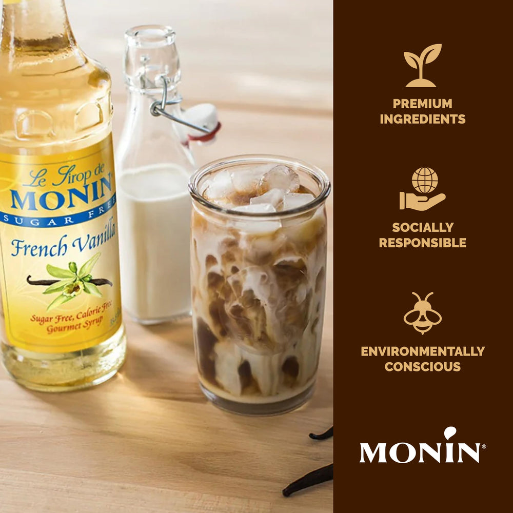 Close-up of Monin sugar-free French vanilla syrup label highlighting Madagascar vanilla.