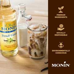 Close-up of Monin sugar-free French vanilla syrup label highlighting Madagascar vanilla.