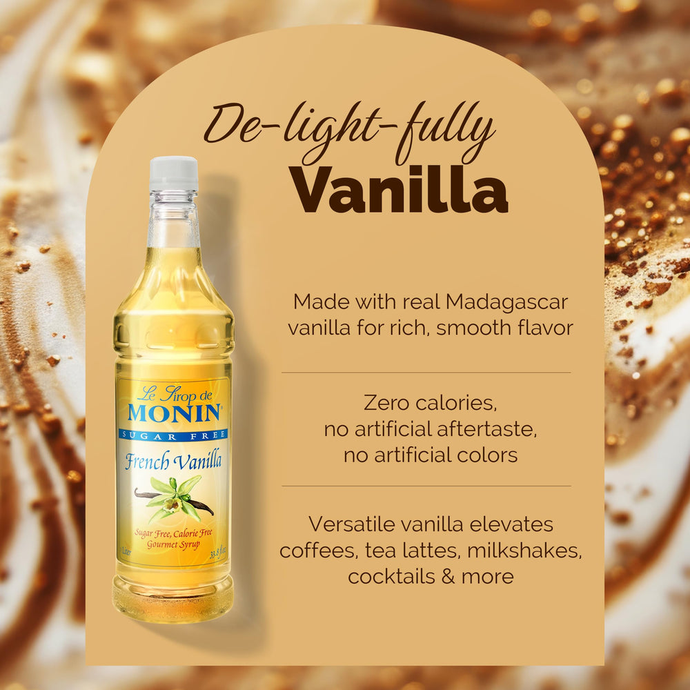 Cocktail glass with Monin sugar-free French vanilla syrup, a versatile flavoring option.