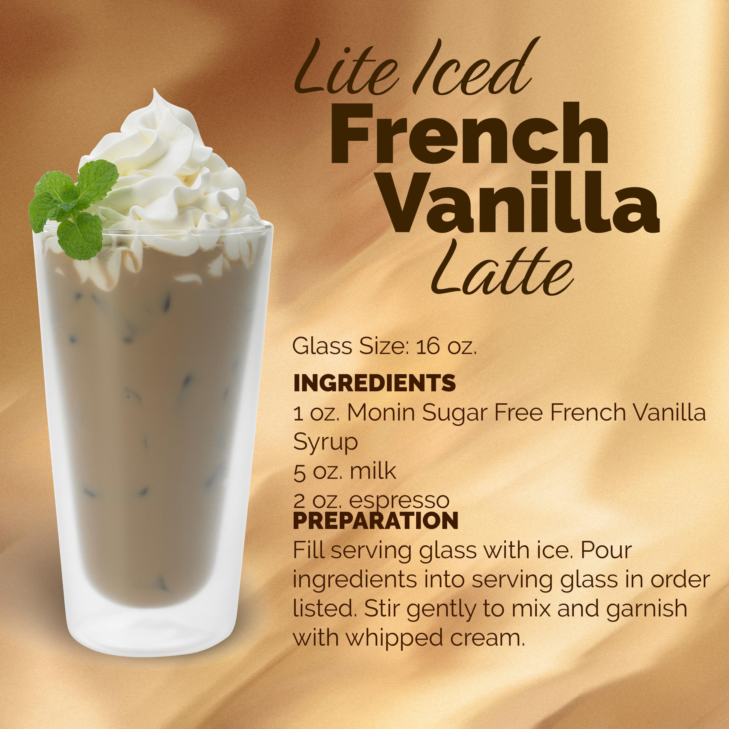 Eco-friendly packaging of Monin sugar-free French vanilla syrup with recyclable materials.