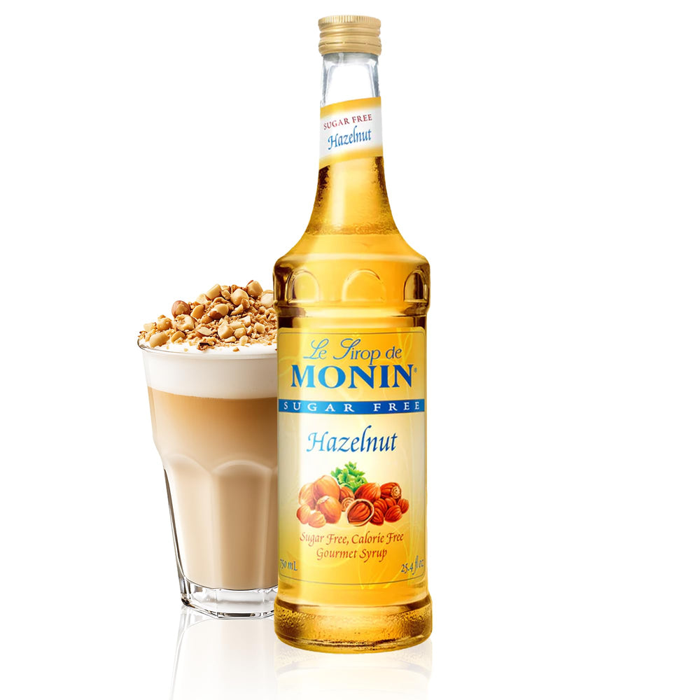 Monin Sugar Free Hazelnut Syrup bottle for creamy lattes and dairy-free drinks