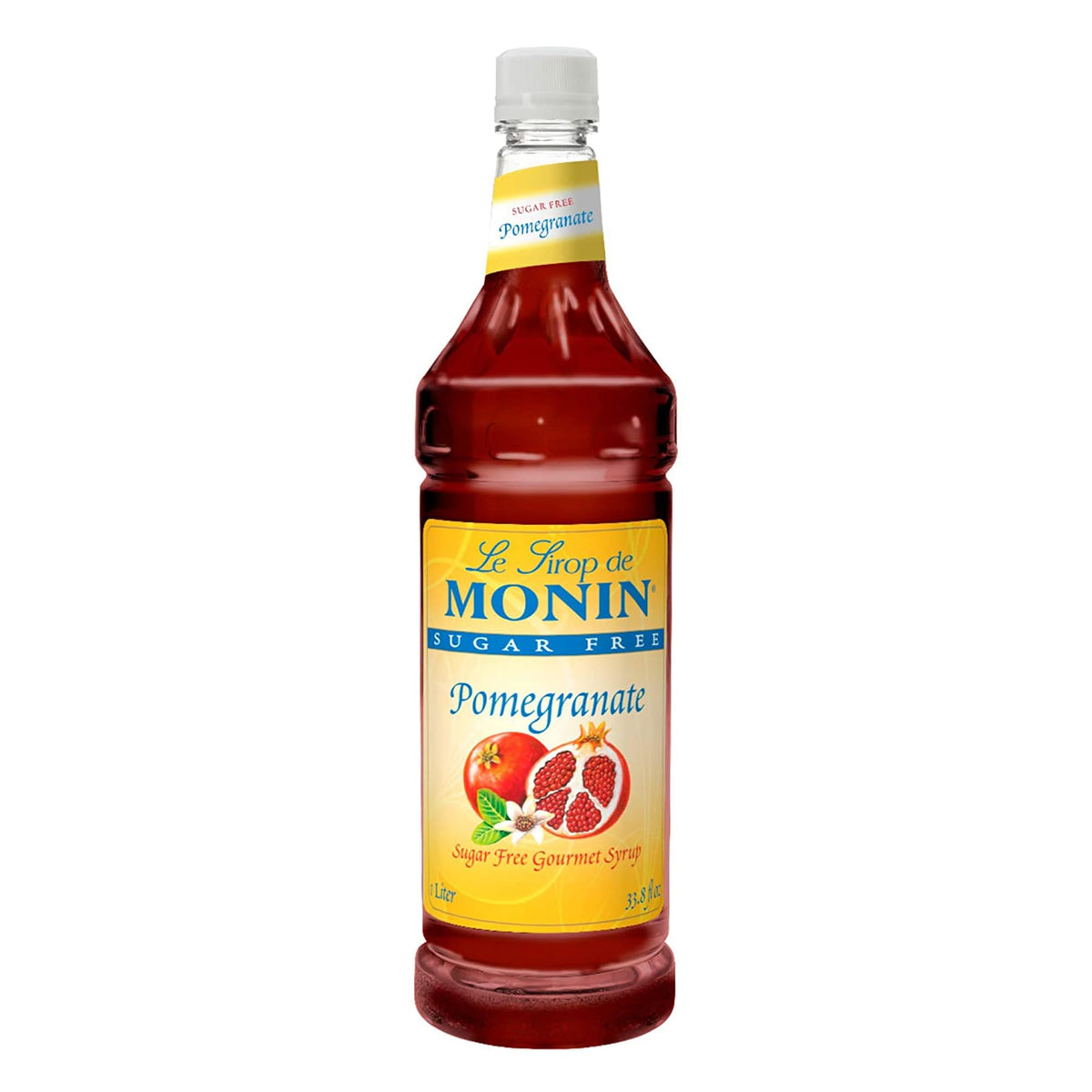 Monin Sugar Free Pomegranate Syrup bottle with label, ideal for sugar-free cocktails.