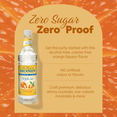 Monin Sugar Free Triple Sec bottle beside glass illustrating mocktail mixing.