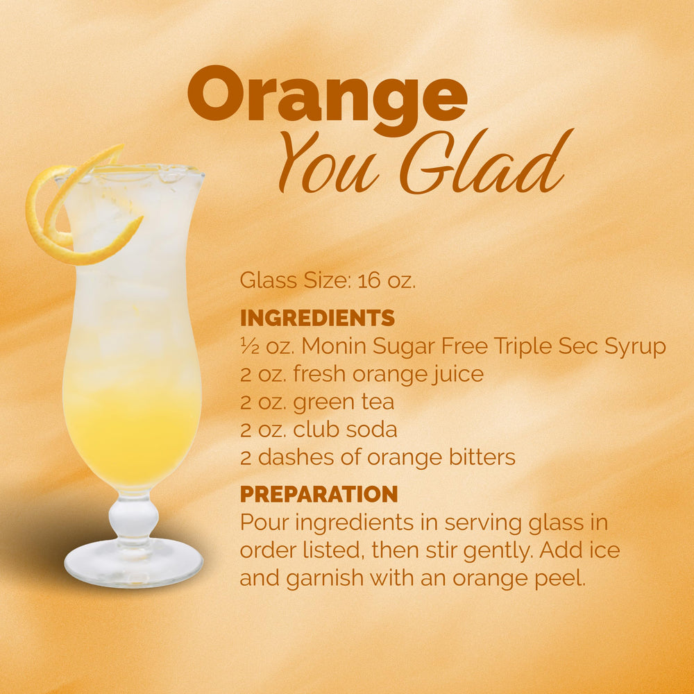 Monin Sugar Free Triple Sec label and glass showcasing eco-friendly packaging.