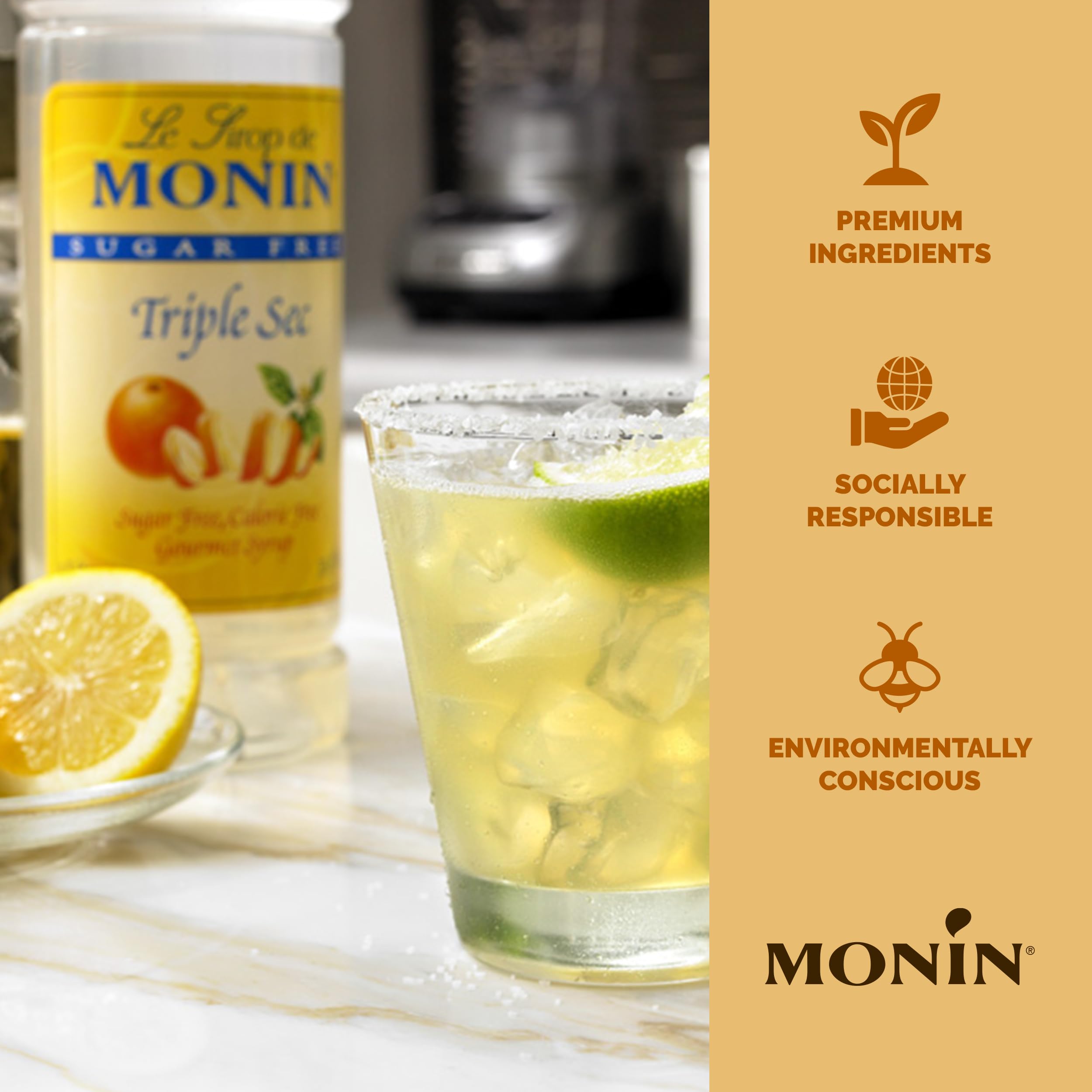 Monin Sugar Free Triple Sec with mocha backdrop hints at versatile flavor booster.