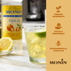 Monin Sugar Free Triple Sec with mocha backdrop hints at versatile flavor booster.