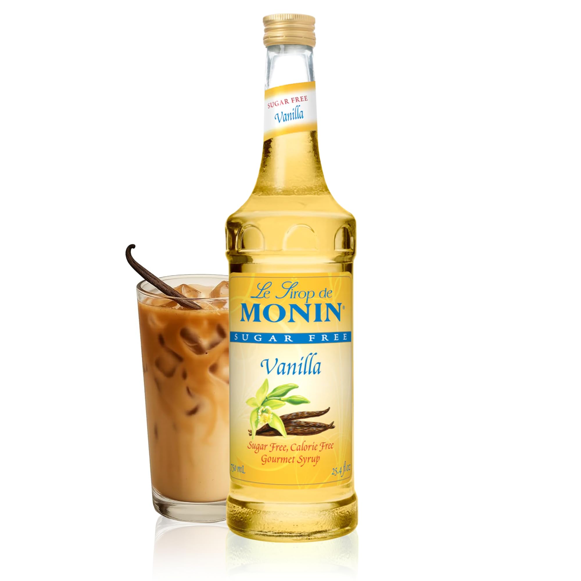 Monin Sugar Free Vanilla Syrup bottle showcasing Madagascar vanilla aroma for coffee