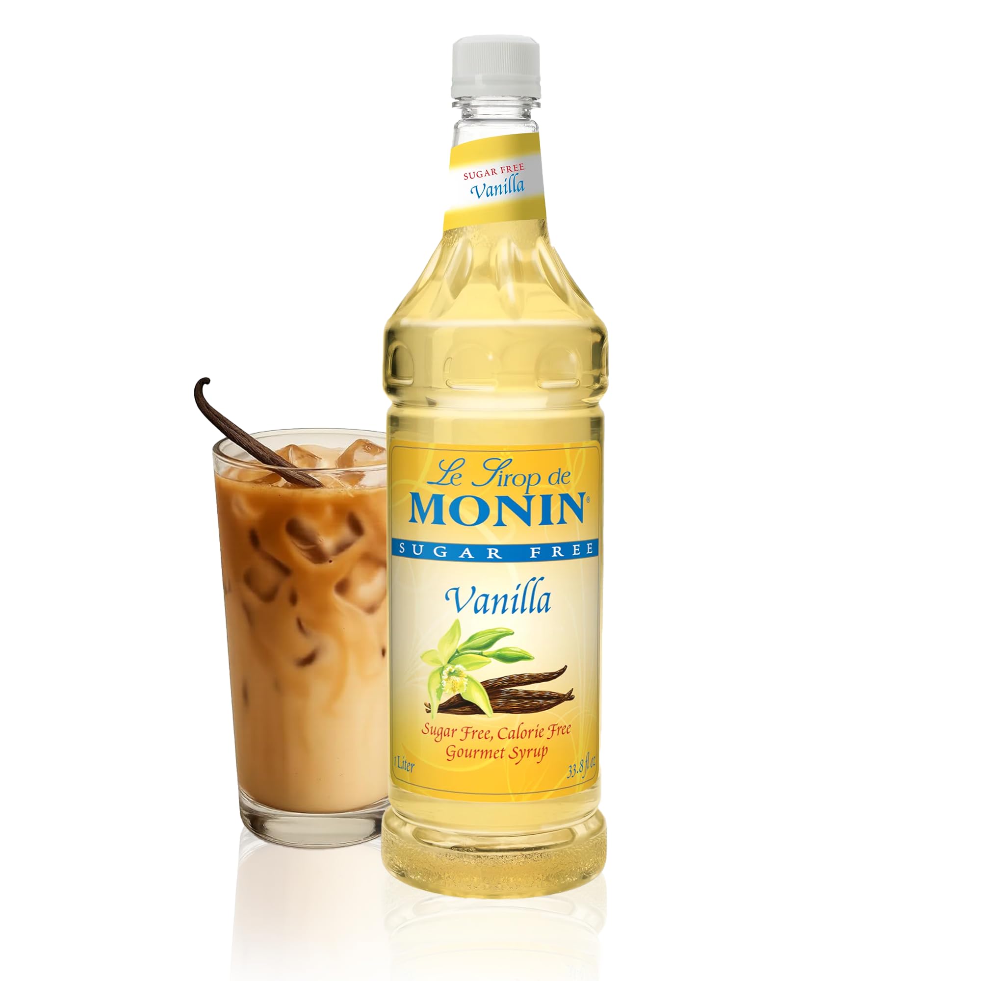 Monin Sugar Free Vanilla Syrup bottle showcasing premium Madagascar vanilla flavor for beverages