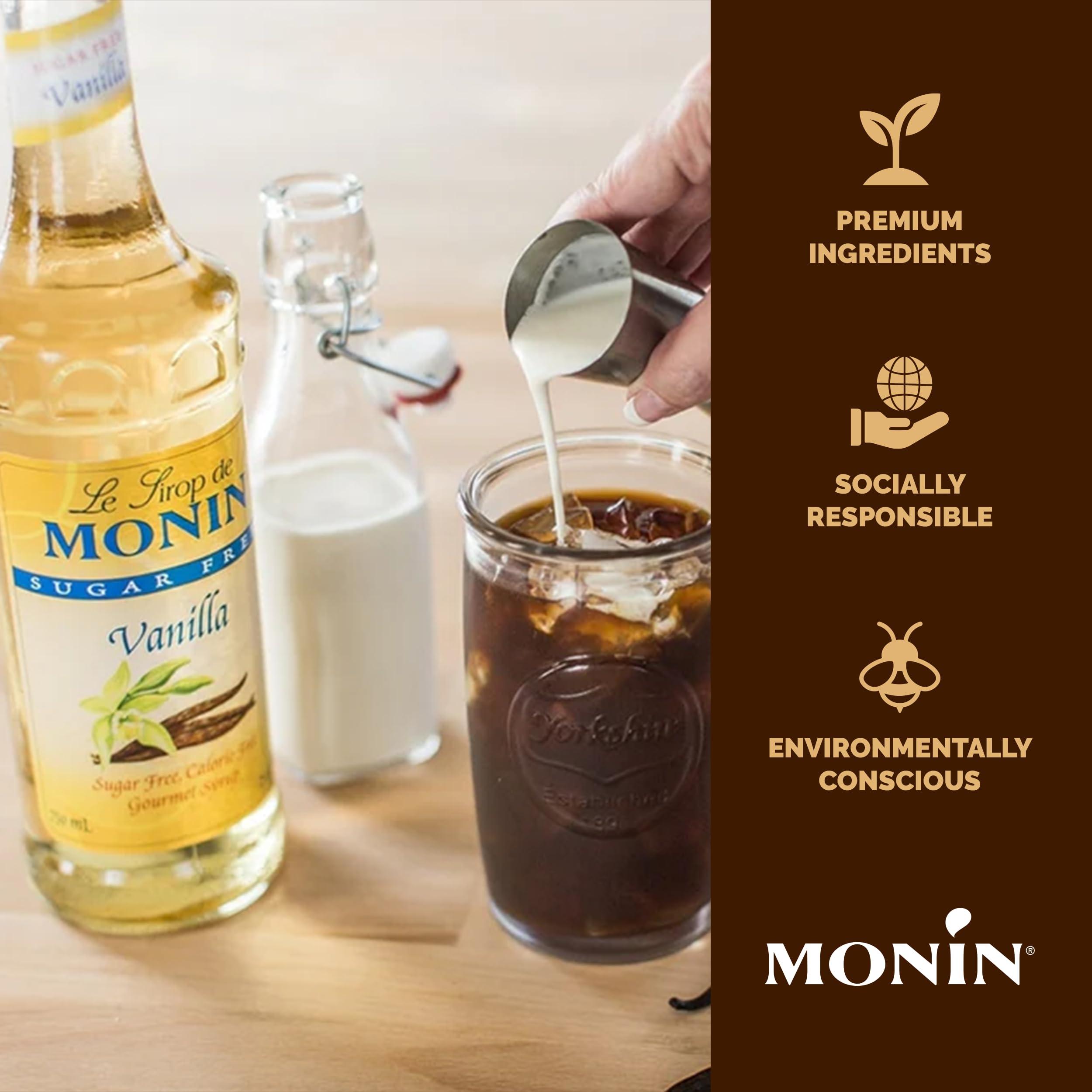 Monin Sugar Free Vanilla Syrup bottle highlights gluten-free and Non-GMO attributes