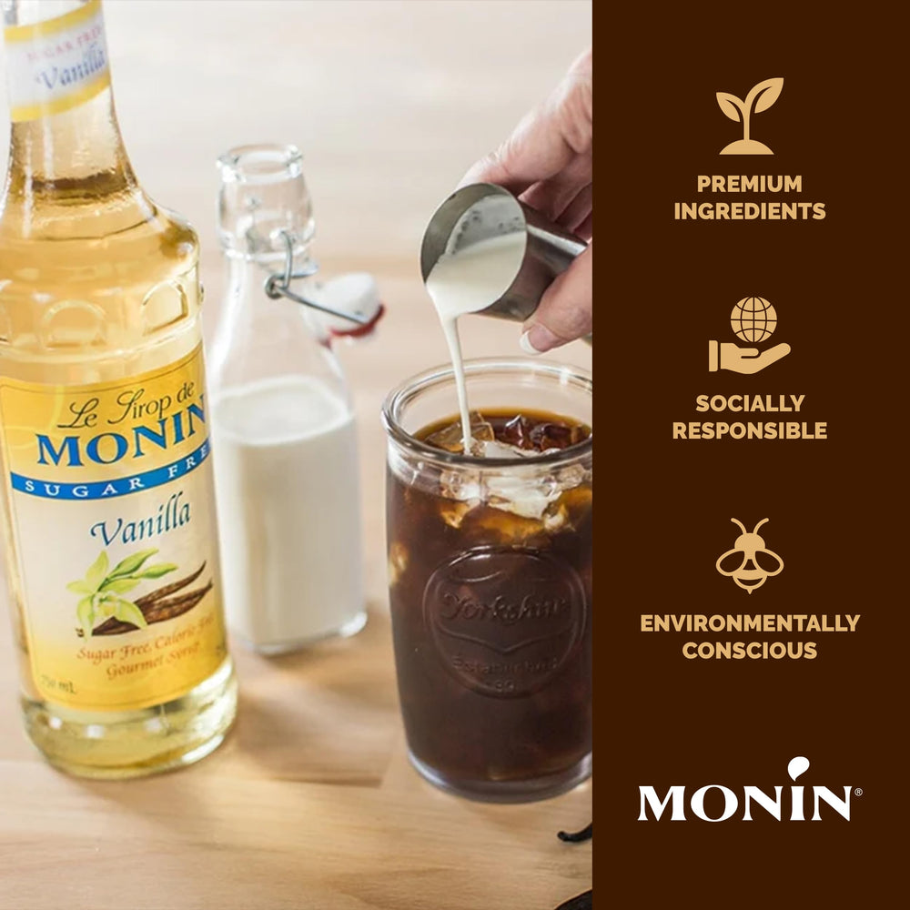Monin Sugar Free Vanilla Syrup bottle highlights gluten-free and Non-GMO attributes