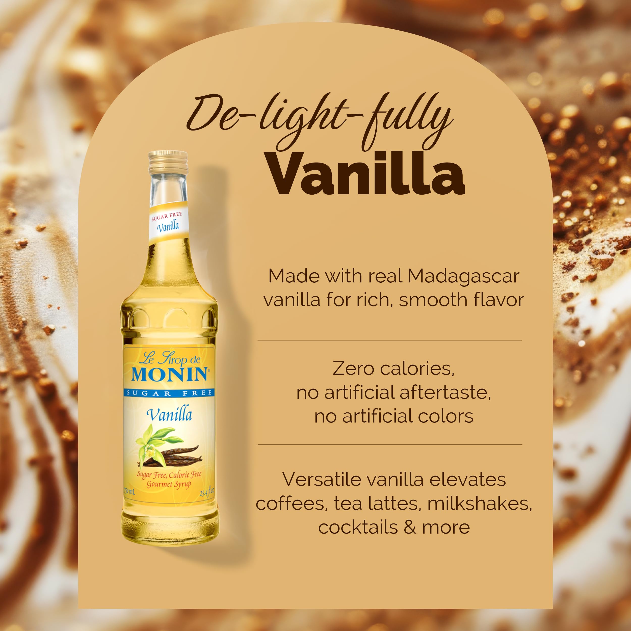 Monin Sugar Free Vanilla Syrup bottle beside a cocktail glass for mocktails