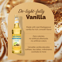 Monin Sugar Free Vanilla Syrup bottle beside a cocktail glass for mocktails