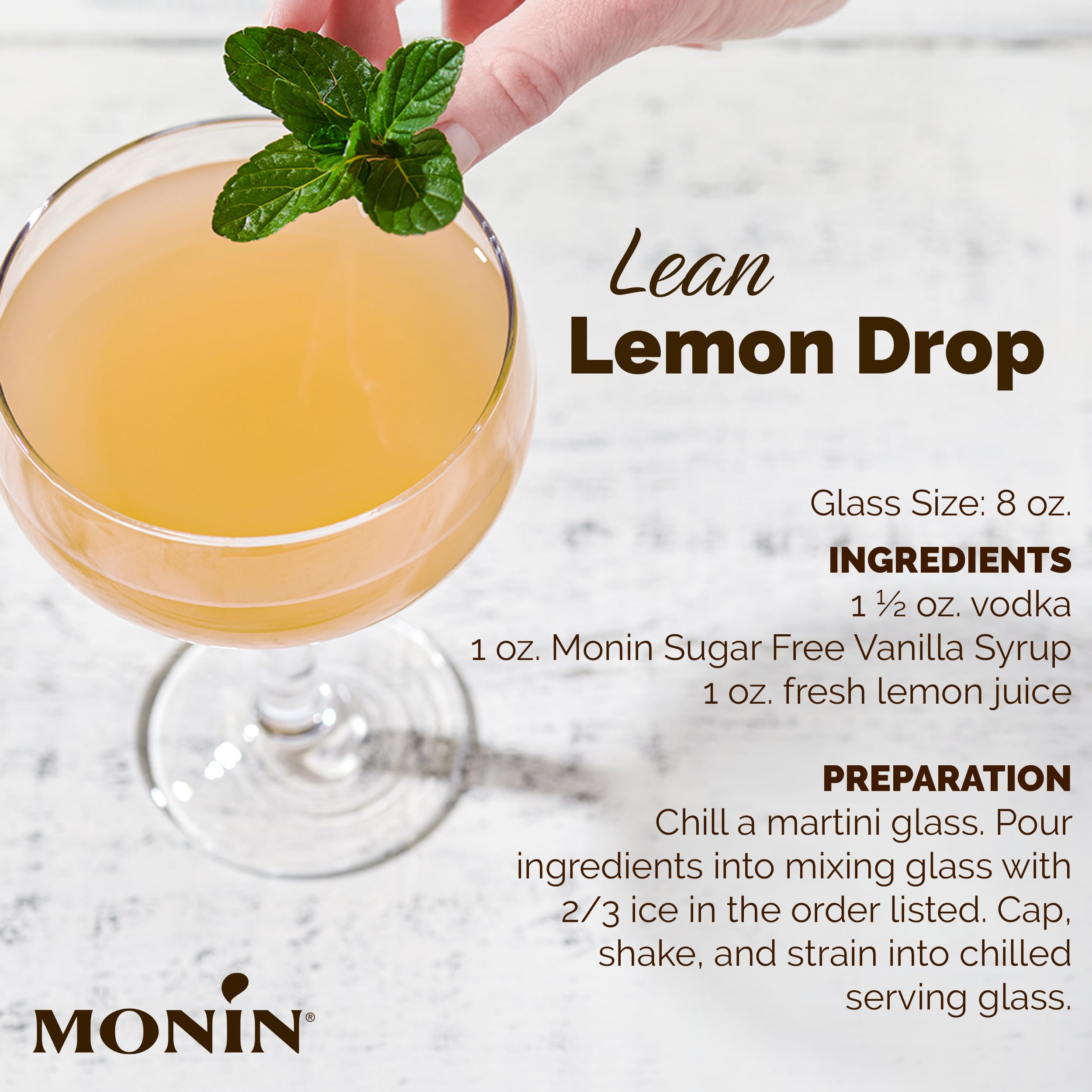 Monin Sugar Free Vanilla Syrup in a coffee mug for cafe-style drinks at home
