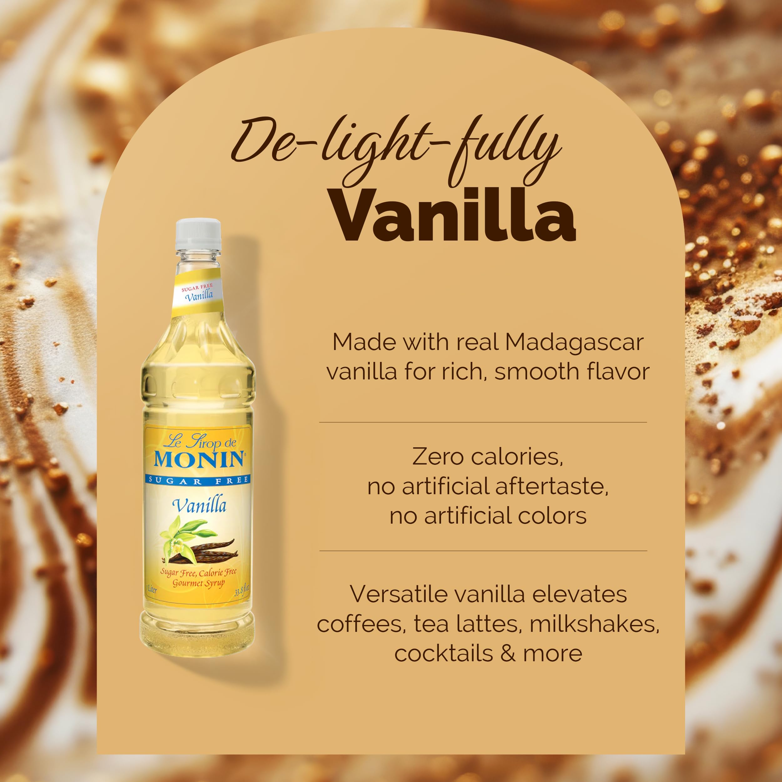 Close-up label of Monin Sugar Free Vanilla Syrup highlighting gluten-free and non-GMO features