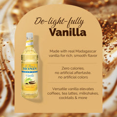 Close-up label of Monin Sugar Free Vanilla Syrup highlighting gluten-free and non-GMO features