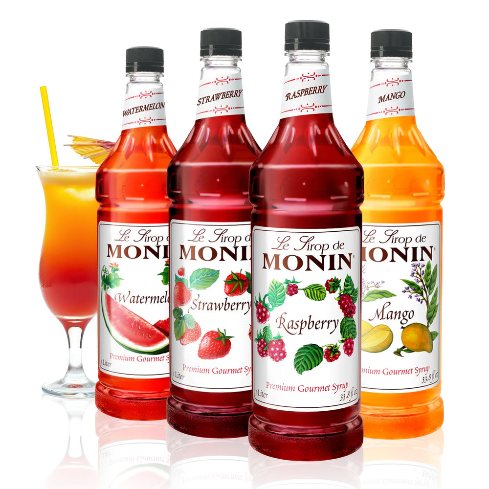 Monin Summer Variety Pack display with four bottles for vibrant cocktails and mocktails.