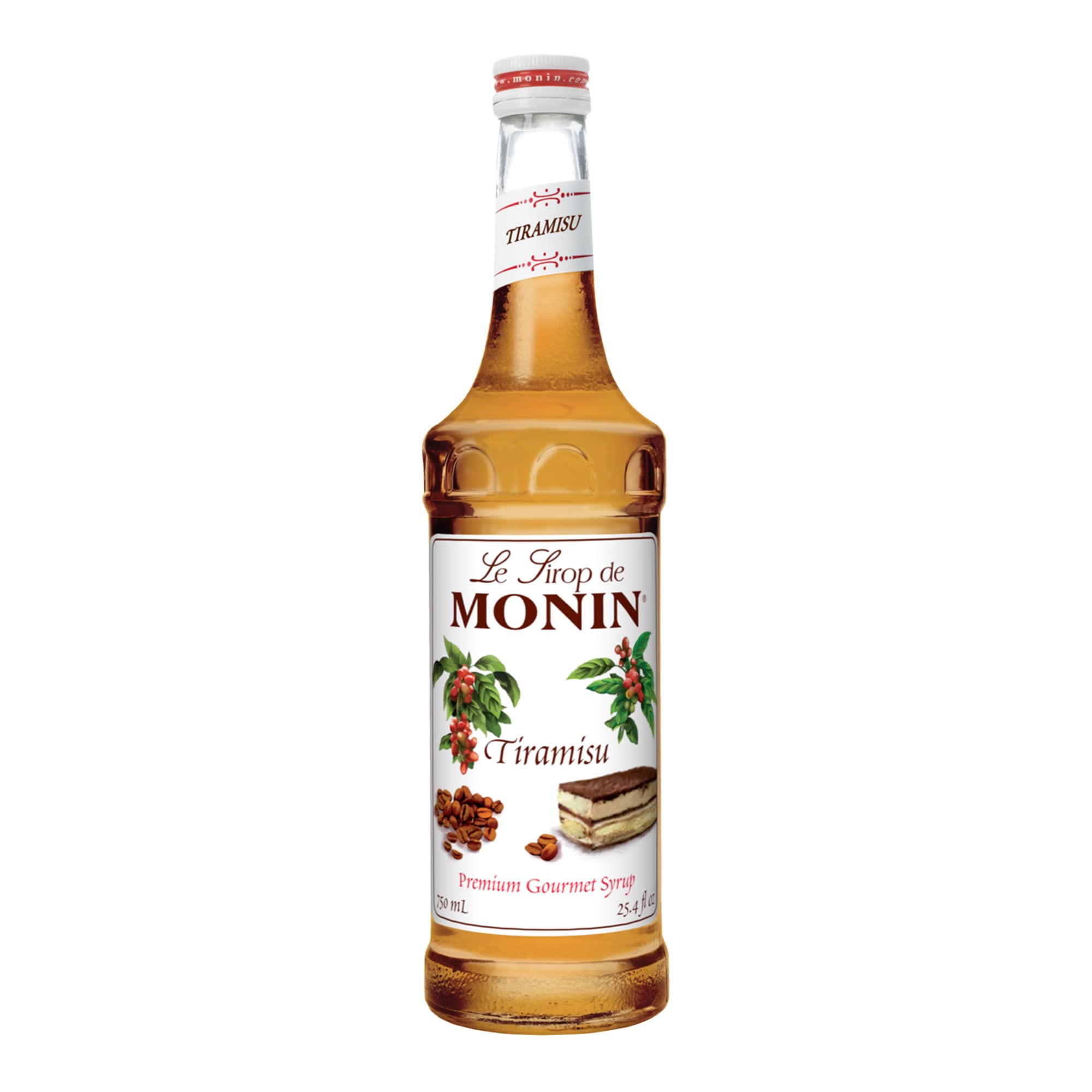 Monin Tiramisu Syrup bottle enhances coffee drinks and dessert flavors.