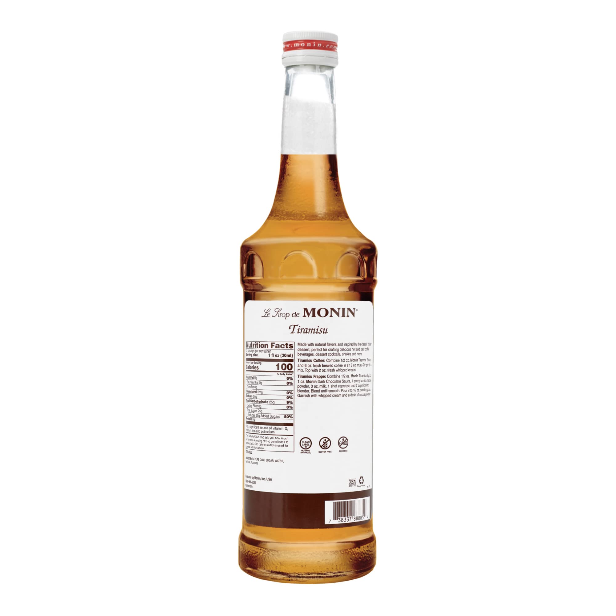 Monin Tiramisu Syrup being poured, ideal for coffee or dessert cocktails.