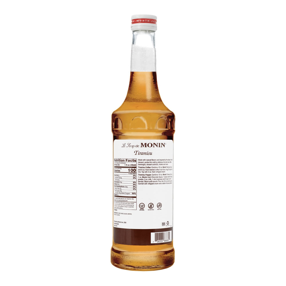 Monin Tiramisu Syrup being poured, ideal for coffee or dessert cocktails.