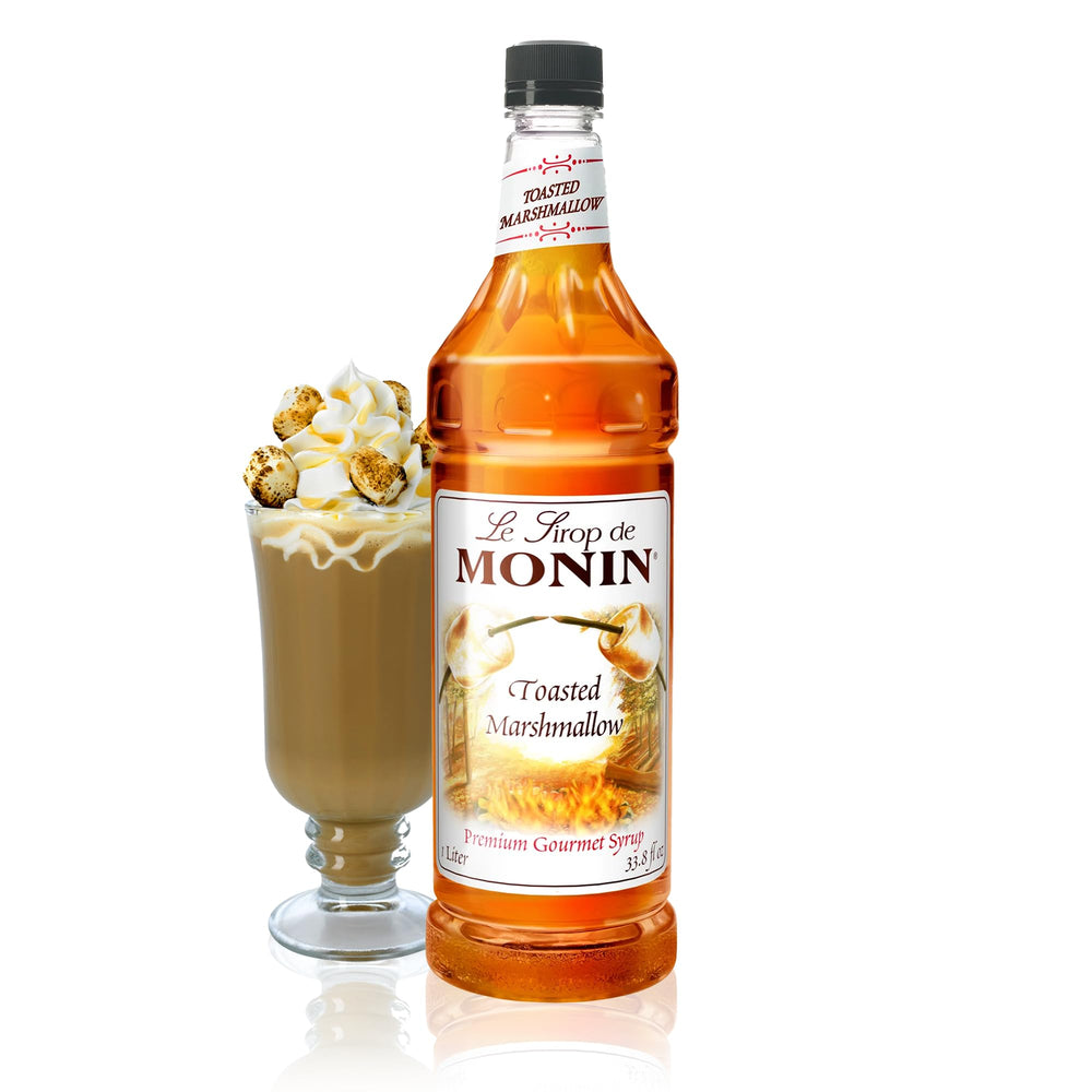 Monin Toasted Marshmallow Syrup bottle enhances lattes with a cozy caramel aroma.