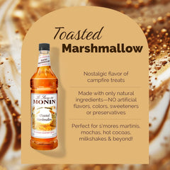 Monin Toasted Marshmallow Syrup bottle shown with cocoa and caramel finish.