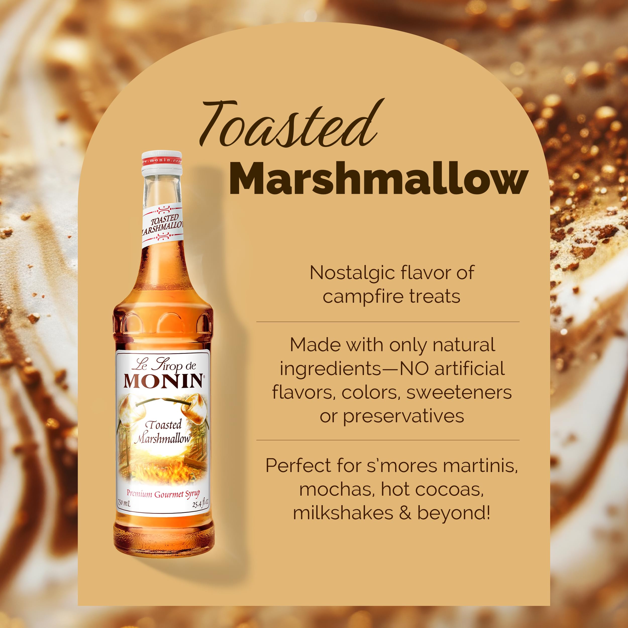 Bottle beside hot cocoa with caramel finish, Monin Toasted Marshmallow Syrup enhances beverages.